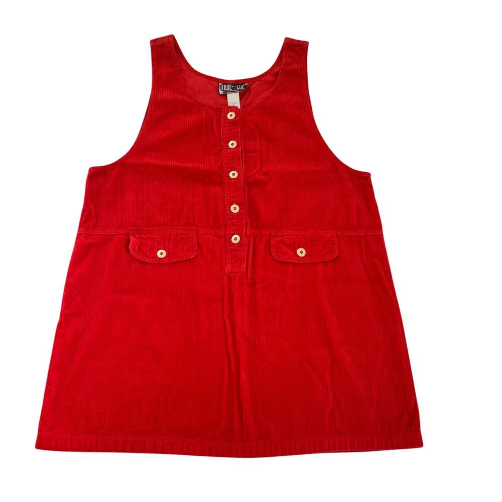 Vintage True Blue Red Corduroy Jumper Dress Button Front w/ Pockets XL Retro